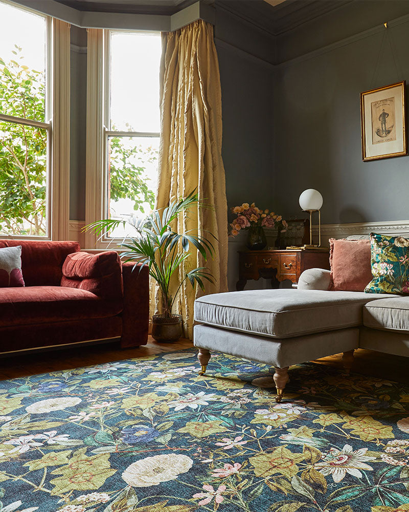 CLARKE & CLARKE PASSIFLORA FOREST GREEN MACHINE WASHABLE RUG