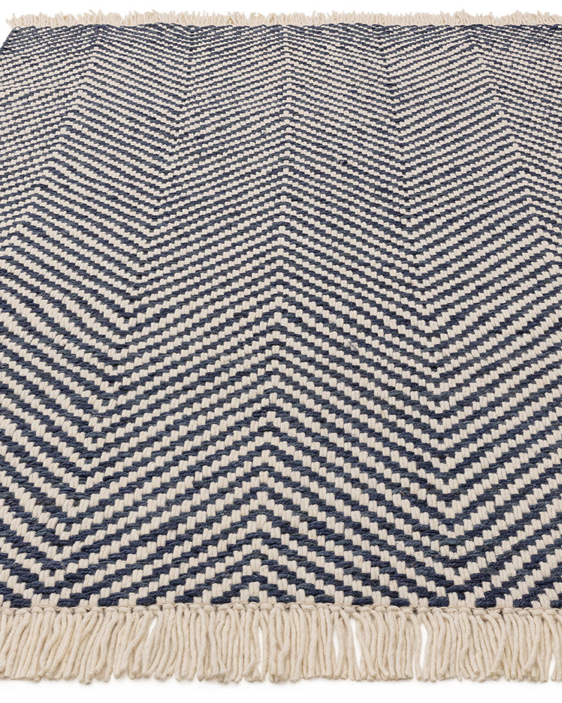 VIGO NAVY BLUE REVERSABLE JUTE WOOL ZIG ZAG CHEVRON RUG