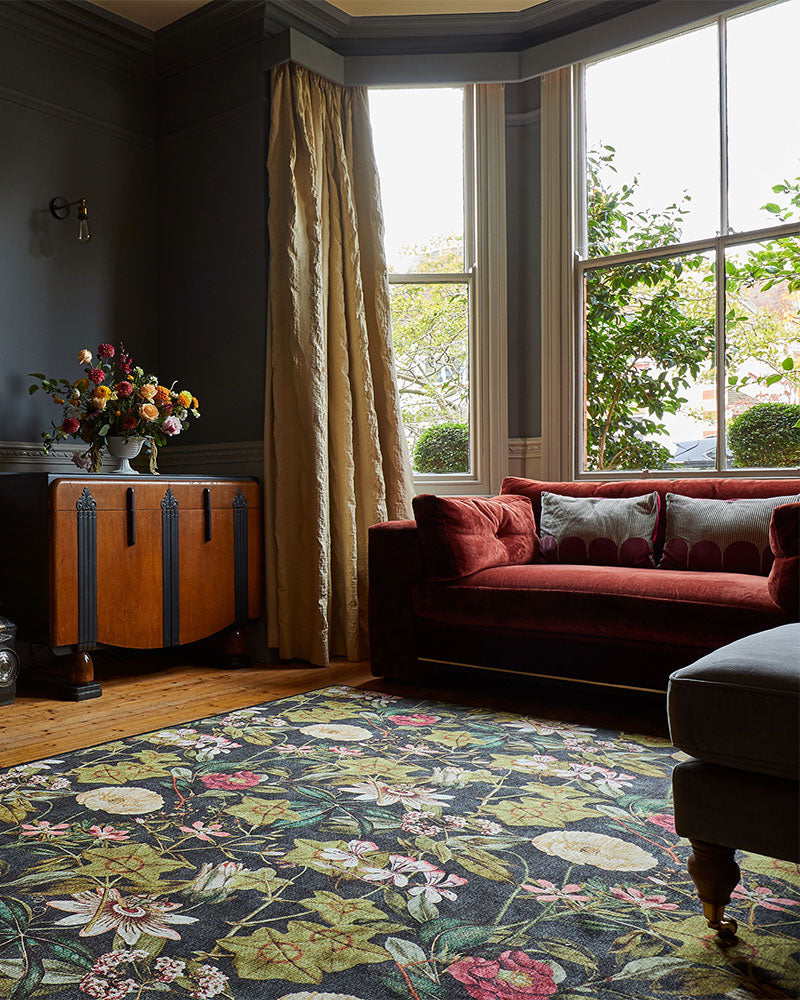 CLARKE & CLARKE PASSIFLORA NOIR MACHINE WASHABLE RUG