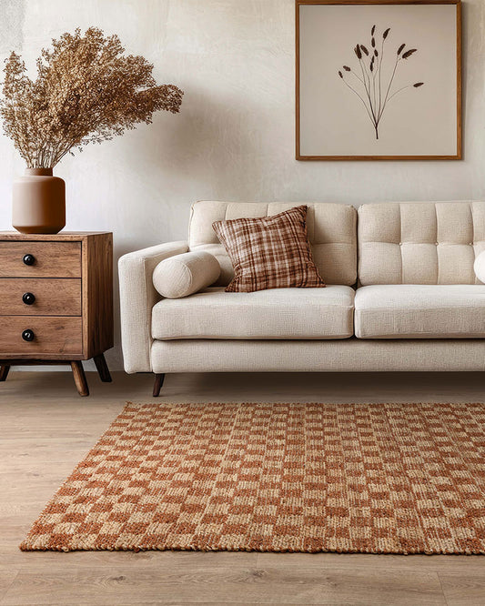 NATURI NATURAL RUST CHECKERBOARD JUTE RUG