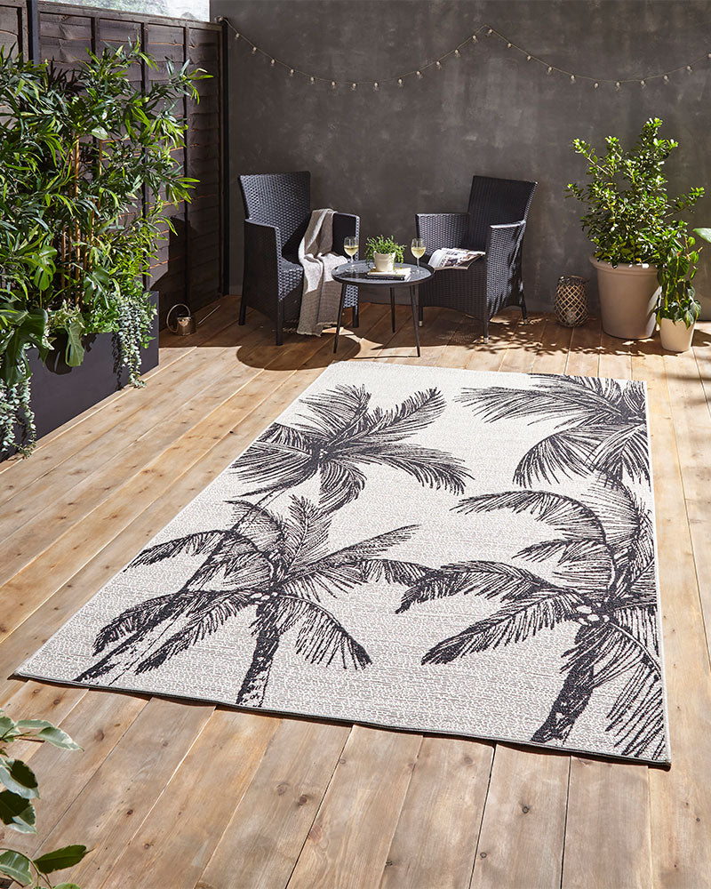 MIAMI CREAM BLACK PALM A444 INDOOR / OUTDOOR FLAT WEAVE RUG