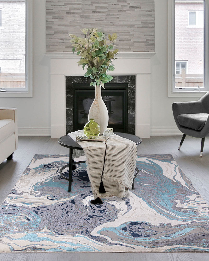 AURORA AU18 OCEAN BLUE TURQUOISE METALLIC ABSTRACT RUG