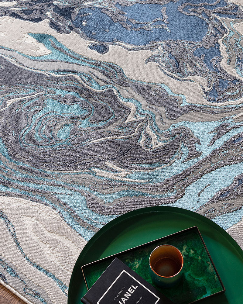 AURORA AU18 OCEAN BLUE TURQUOISE METALLIC ABSTRACT RUG