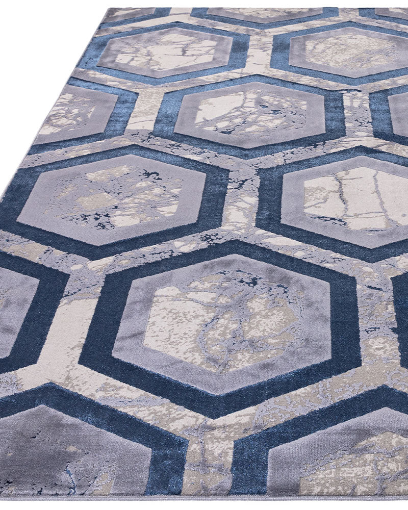 AURORA AU19 HEXAGON NAVY BLUE SILVER GEOMETRIC METALLIC RUG