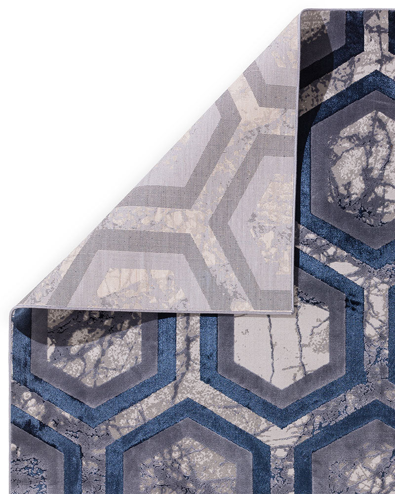 AURORA AU19 HEXAGON NAVY BLUE SILVER GEOMETRIC METALLIC RUG