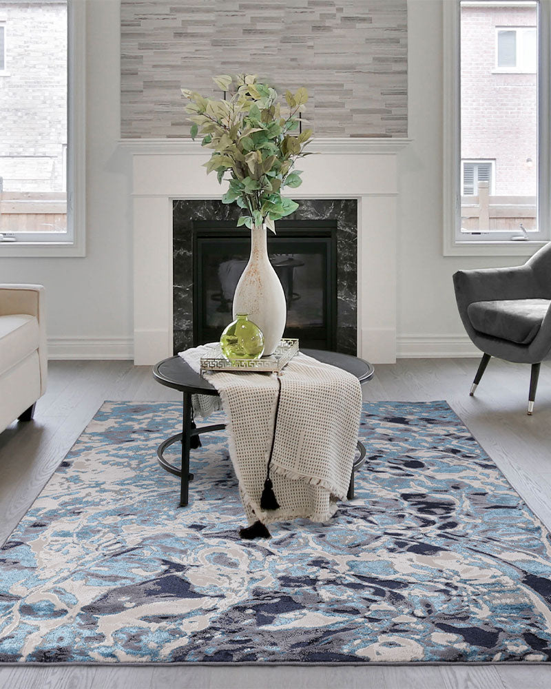 AURORA AU21 FOAM NAVY BLUE ABSTRACT METALLIC RUG