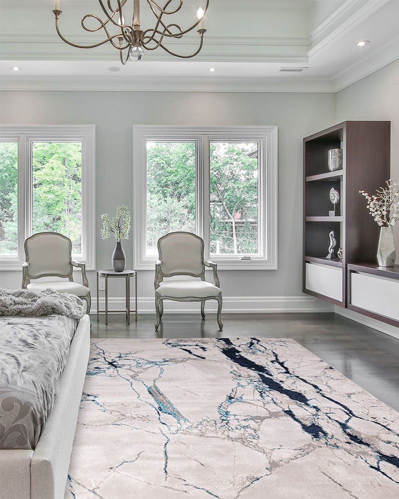AURORA AU22 QUAKE CREAM NAVY BLUE ABSTRACT METALLIC RUG