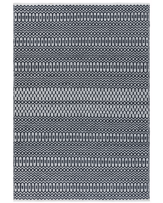 HALSEY BLACK MONO GEOMETRIC INDOOR OUTDOOR FLATWEAVE RUG