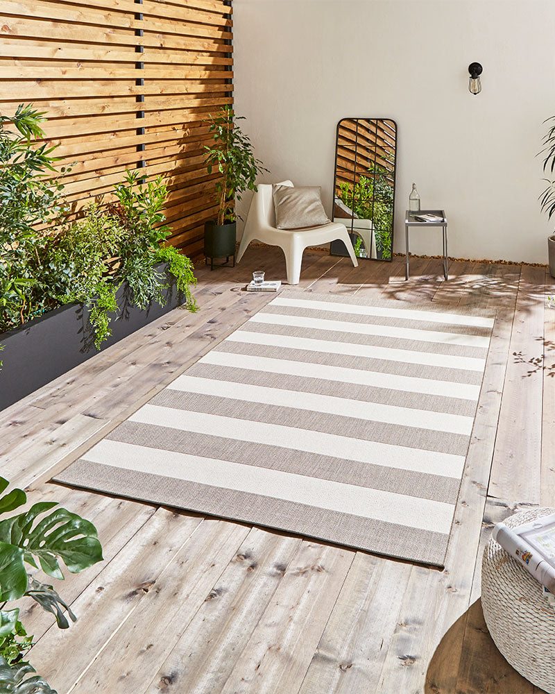 SANTA MONICA BEIGE CREAM STRIPE 48644 INDOOR / OUTDOOR FLAT WEAVE RUG