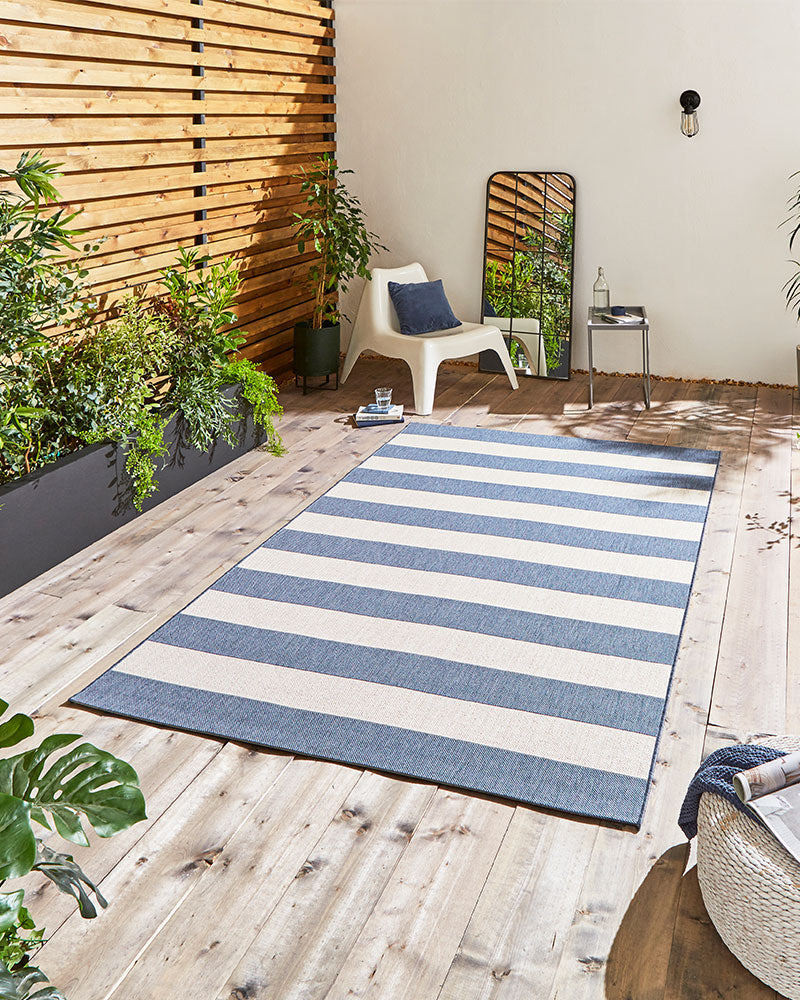 SANTA MONICA BLUE BEIGE STRIPE 48644 INDOOR / OUTDOOR FLAT WEAVE RUG