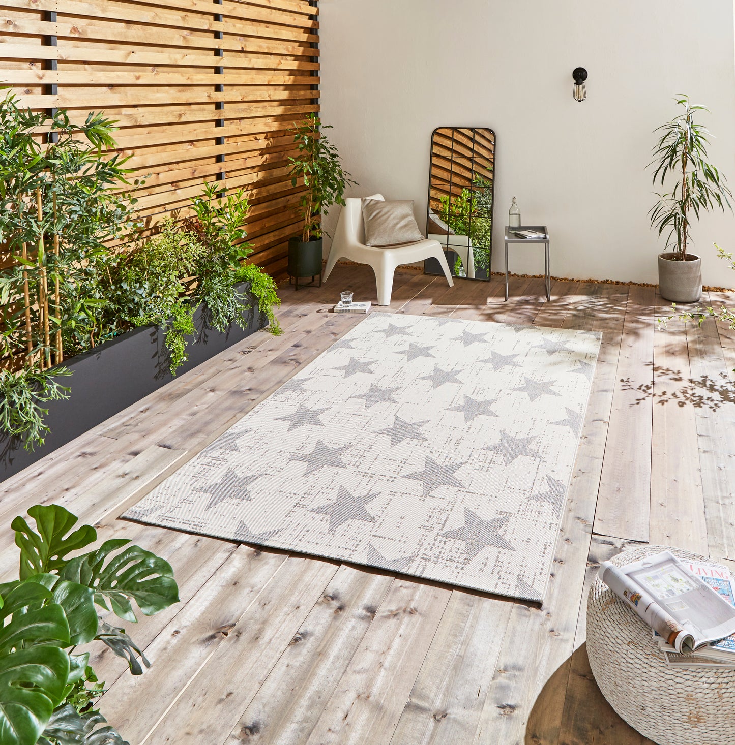 SANTA MONICA CREAM GREY STAR 48648 INDOOR / OUTDOOR FLAT WEAVE RUG