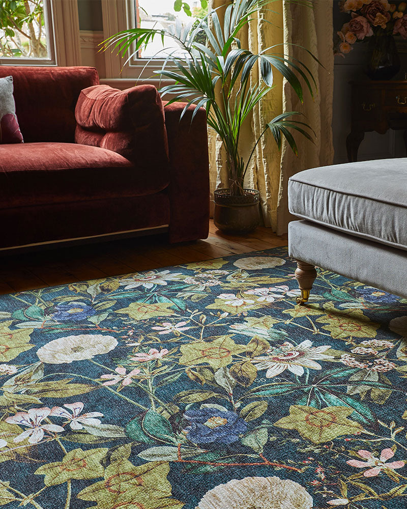 CLARKE & CLARKE PASSIFLORA FOREST GREEN MACHINE WASHABLE RUG