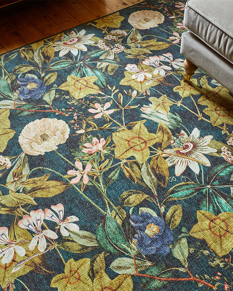 CLARKE & CLARKE PASSIFLORA FOREST GREEN MACHINE WASHABLE RUG