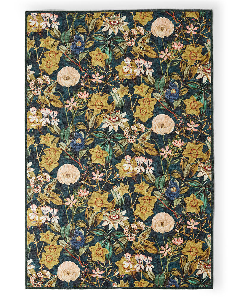 CLARKE & CLARKE PASSIFLORA FOREST GREEN MACHINE WASHABLE RUG
