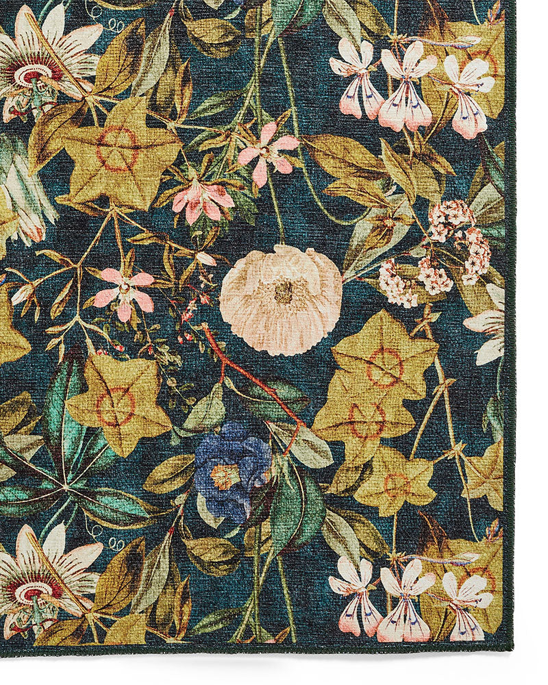 CLARKE & CLARKE PASSIFLORA FOREST GREEN MACHINE WASHABLE RUG