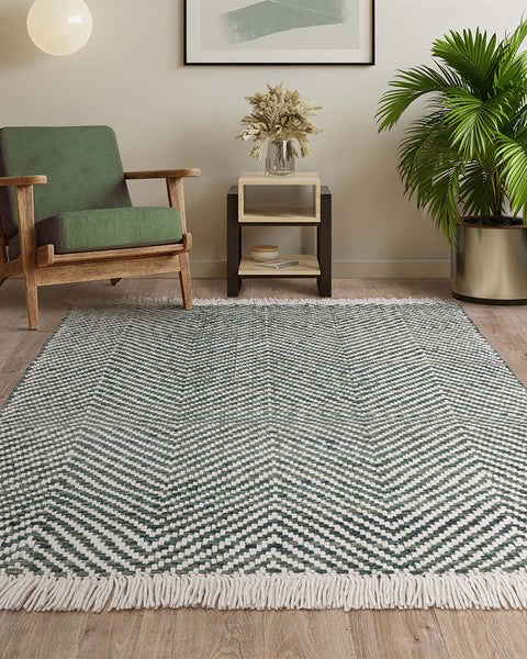 VIGO GREEN REVERSABLE JUTE WOOL ZIG ZAG CHEVRON RUG