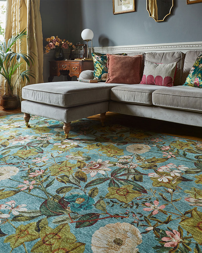 CLARKE & CLARKE PASSIFLORA MINERAL BLUE MACHINE WASHABLE RUG