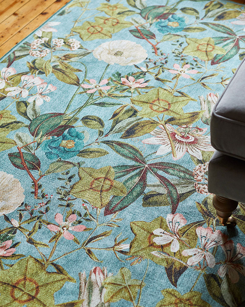 CLARKE & CLARKE PASSIFLORA MINERAL BLUE MACHINE WASHABLE RUG