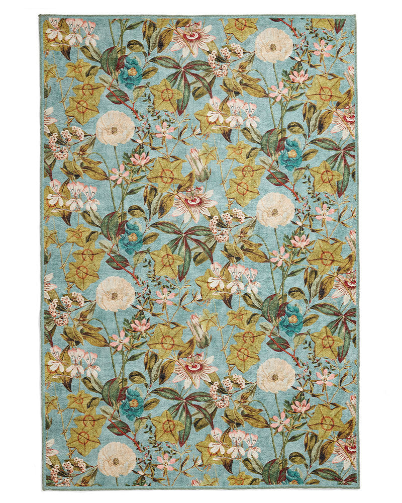 CLARKE & CLARKE PASSIFLORA MINERAL BLUE MACHINE WASHABLE RUG