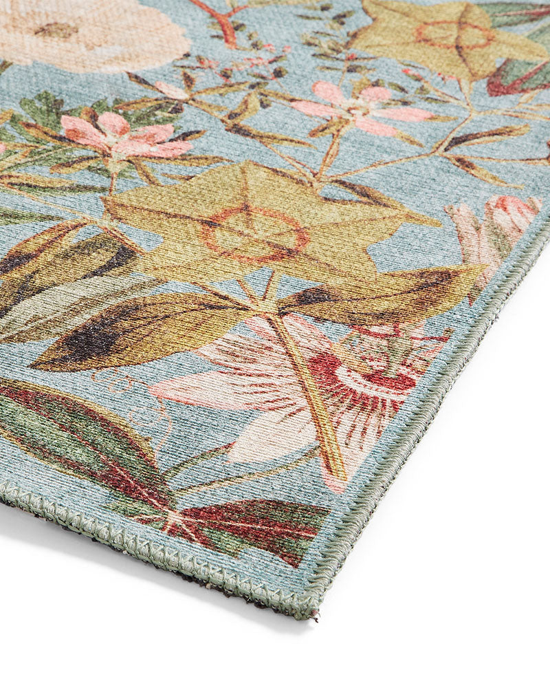 CLARKE & CLARKE PASSIFLORA MINERAL BLUE MACHINE WASHABLE RUG
