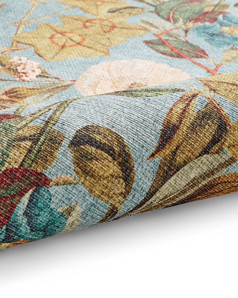 CLARKE & CLARKE PASSIFLORA MINERAL BLUE MACHINE WASHABLE RUG