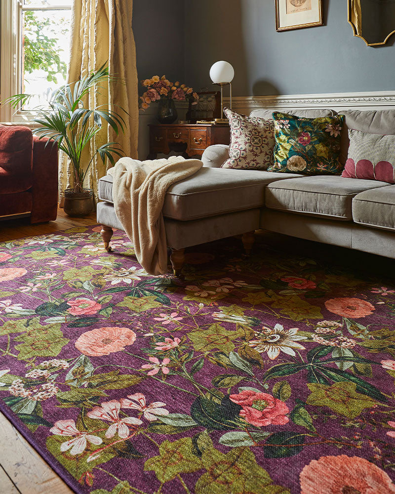 CLARKE & CLARKE PASSIFLORA MULBERRY MACHINE WASHABLE RUG