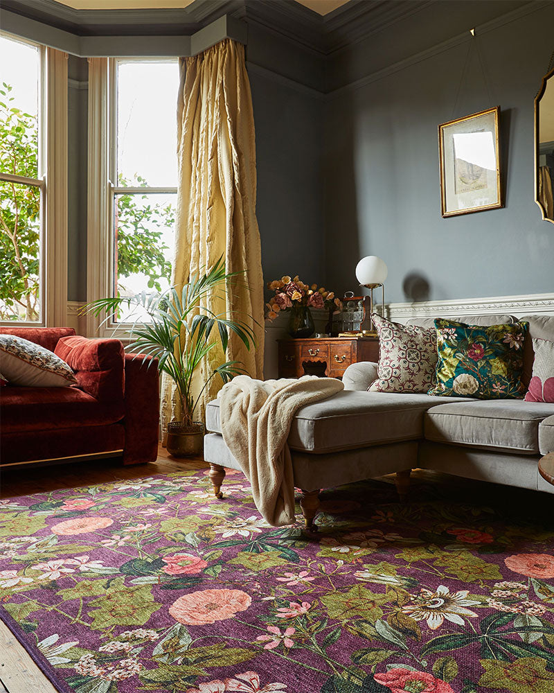 CLARKE & CLARKE PASSIFLORA MULBERRY MACHINE WASHABLE RUG