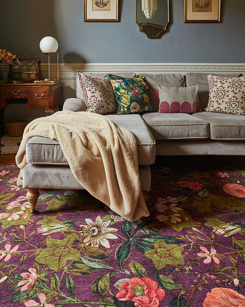 CLARKE & CLARKE PASSIFLORA MULBERRY MACHINE WASHABLE RUG