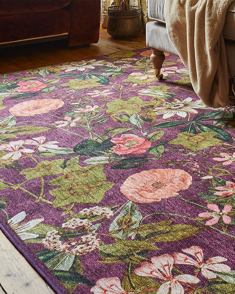 CLARKE & CLARKE PASSIFLORA MULBERRY MACHINE WASHABLE RUG