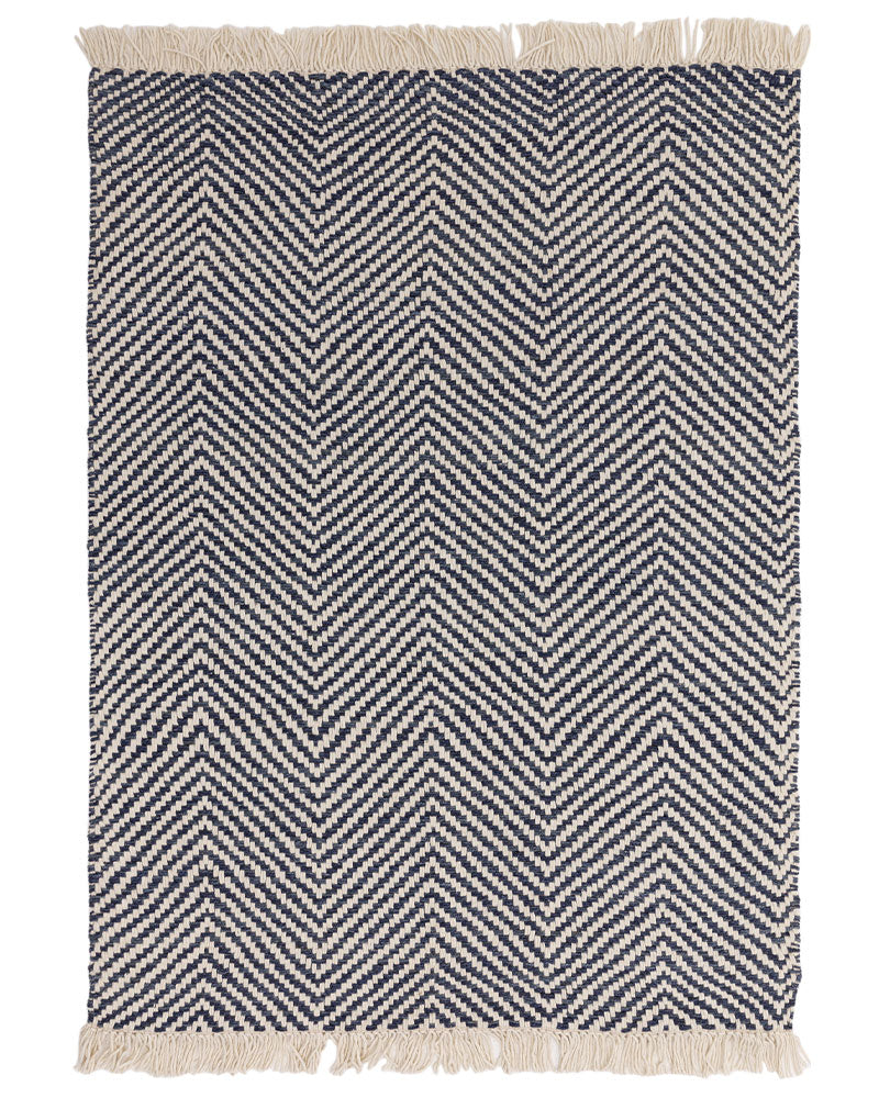 VIGO NAVY BLUE REVERSABLE JUTE WOOL ZIG ZAG CHEVRON RUG