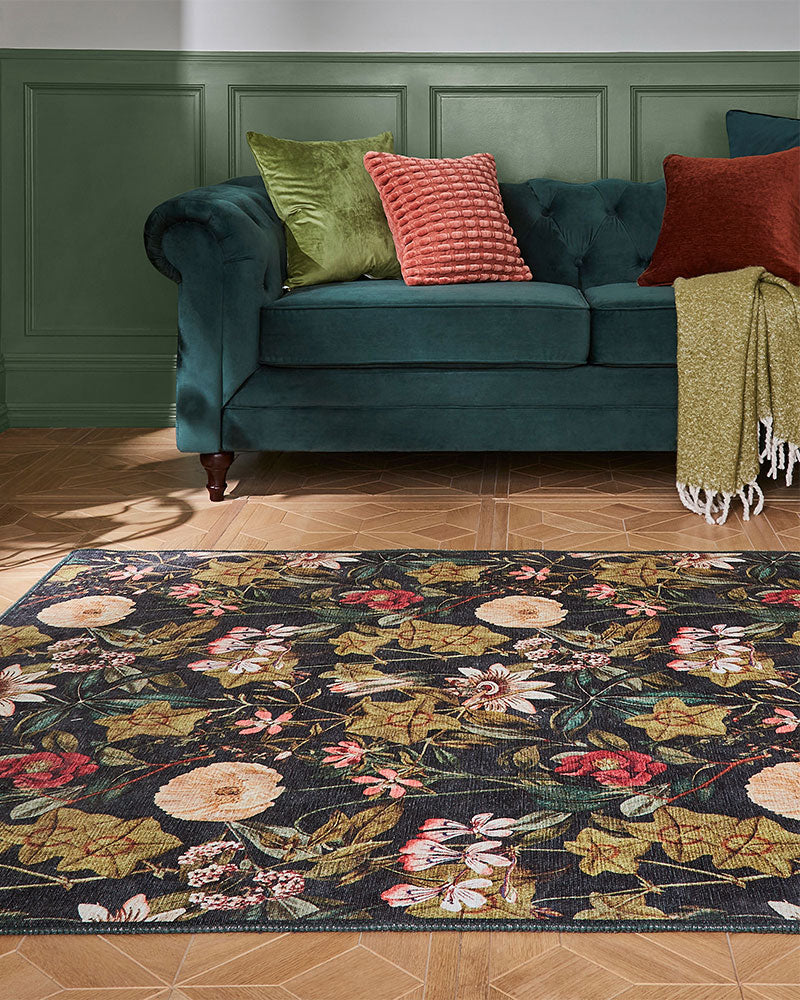 CLARKE & CLARKE PASSIFLORA NOIR MACHINE WASHABLE RUG