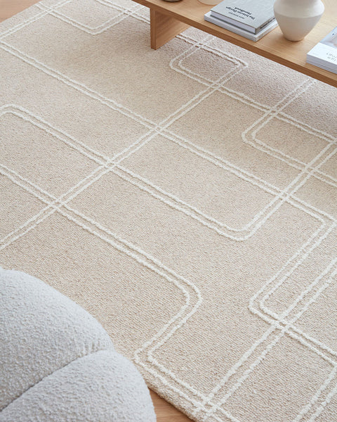 ADA SAND BEIGE TEXTURED GEOMETRIC WOOL LOOP RUG