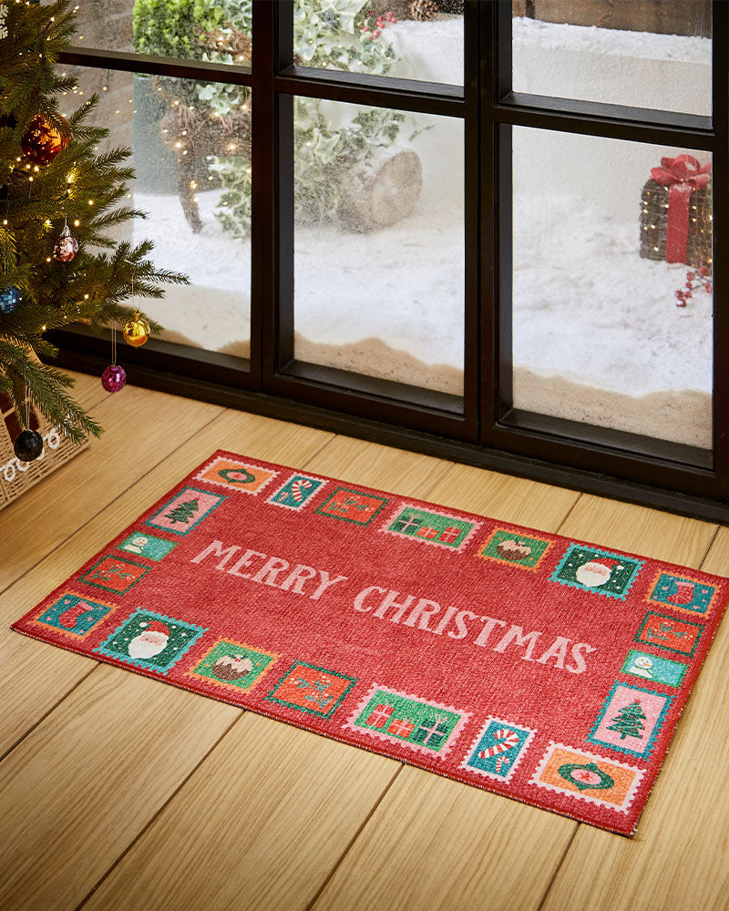 CHRISTMAS STAMPS WASHABLE  RUNNER & MAT SET