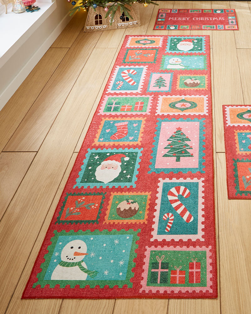 CHRISTMAS STAMPS WASHABLE  RUNNER & MAT SET