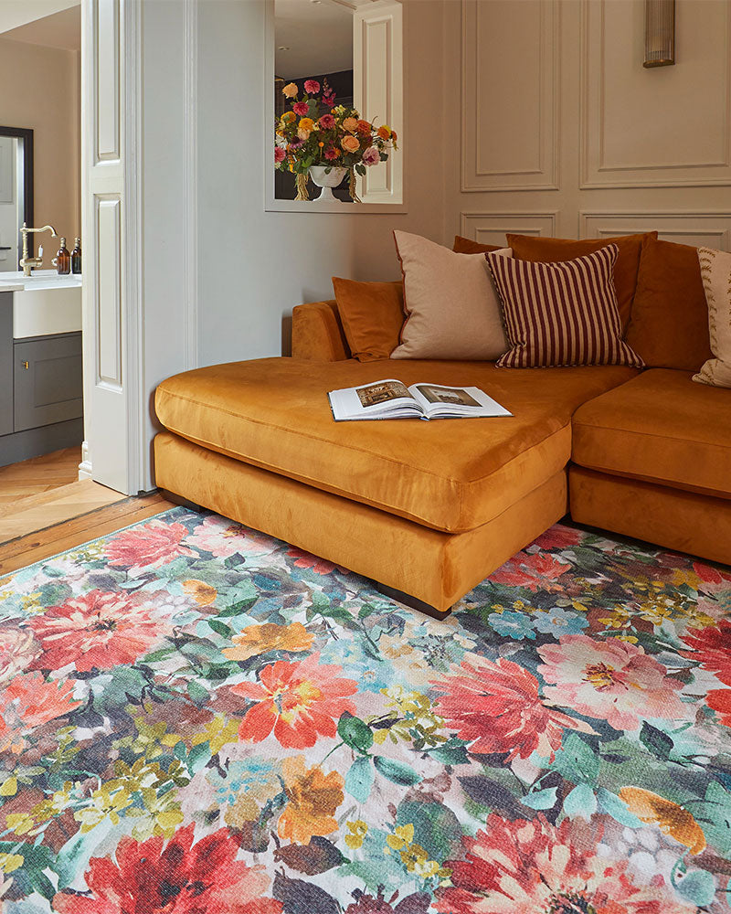 CLARKE & CLARKE TAHITI TEAL & ROUGE MACHINE WASHABLE RUG