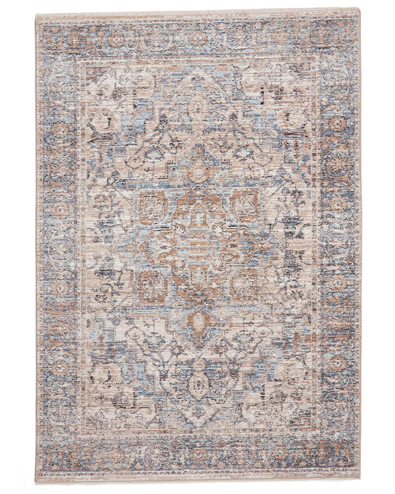 VINTAGE 35018 BLUE TRADITIONAL DISTRESSED STYLE MEDALLION BORDER RUG