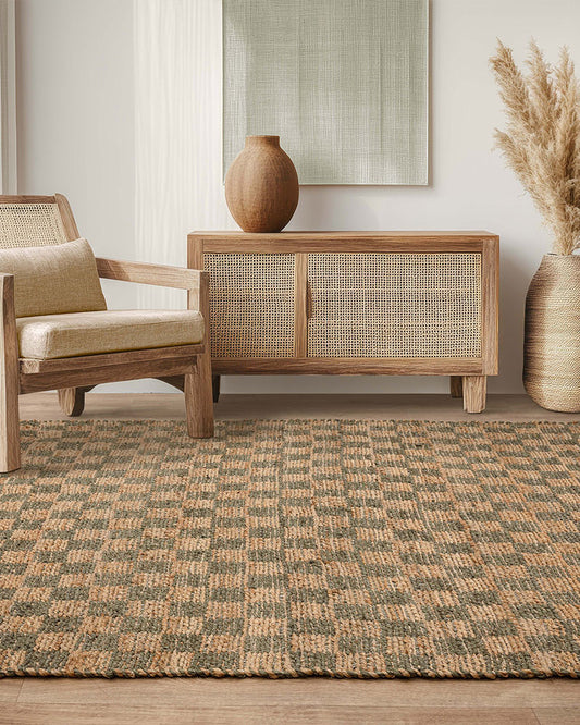 NATURI NATURAL OLIVE GREEN CHECKERBOARD JUTE RUG
