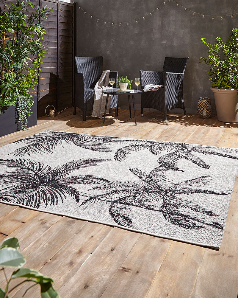MIAMI CREAM BLACK PALM A444 INDOOR / OUTDOOR FLAT WEAVE RUG