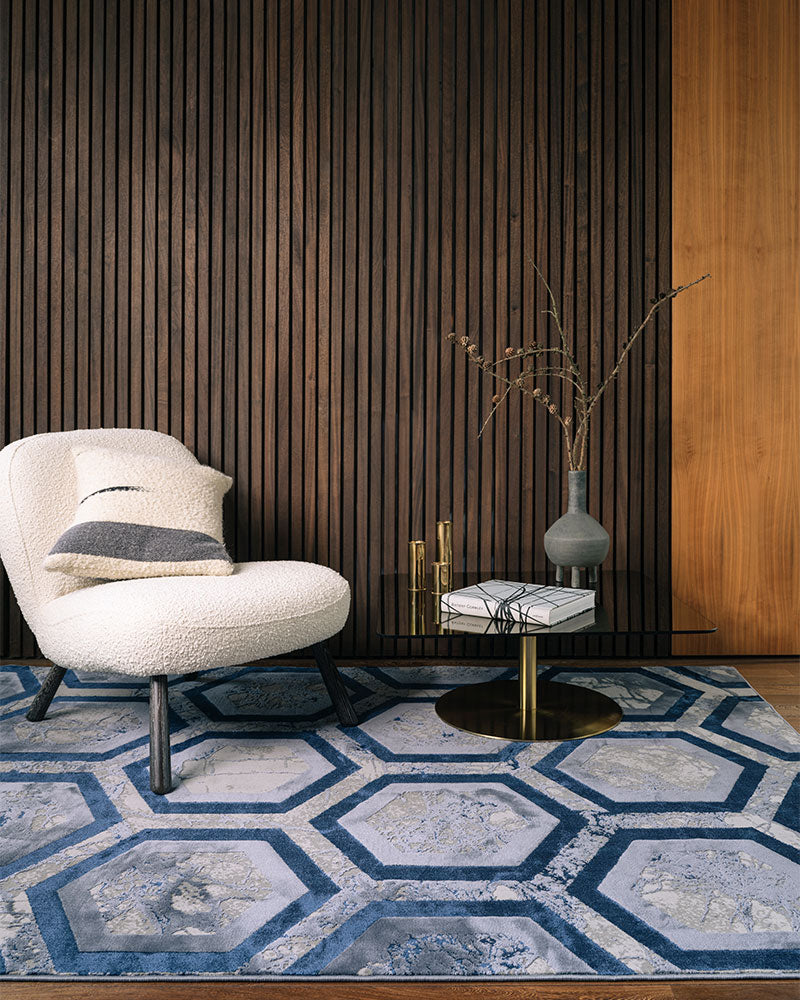 AURORA AU19 HEXAGON NAVY BLUE SILVER GEOMETRIC METALLIC RUG