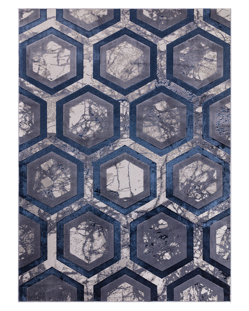 AURORA AU19 HEXAGON NAVY BLUE SILVER GEOMETRIC METALLIC RUG