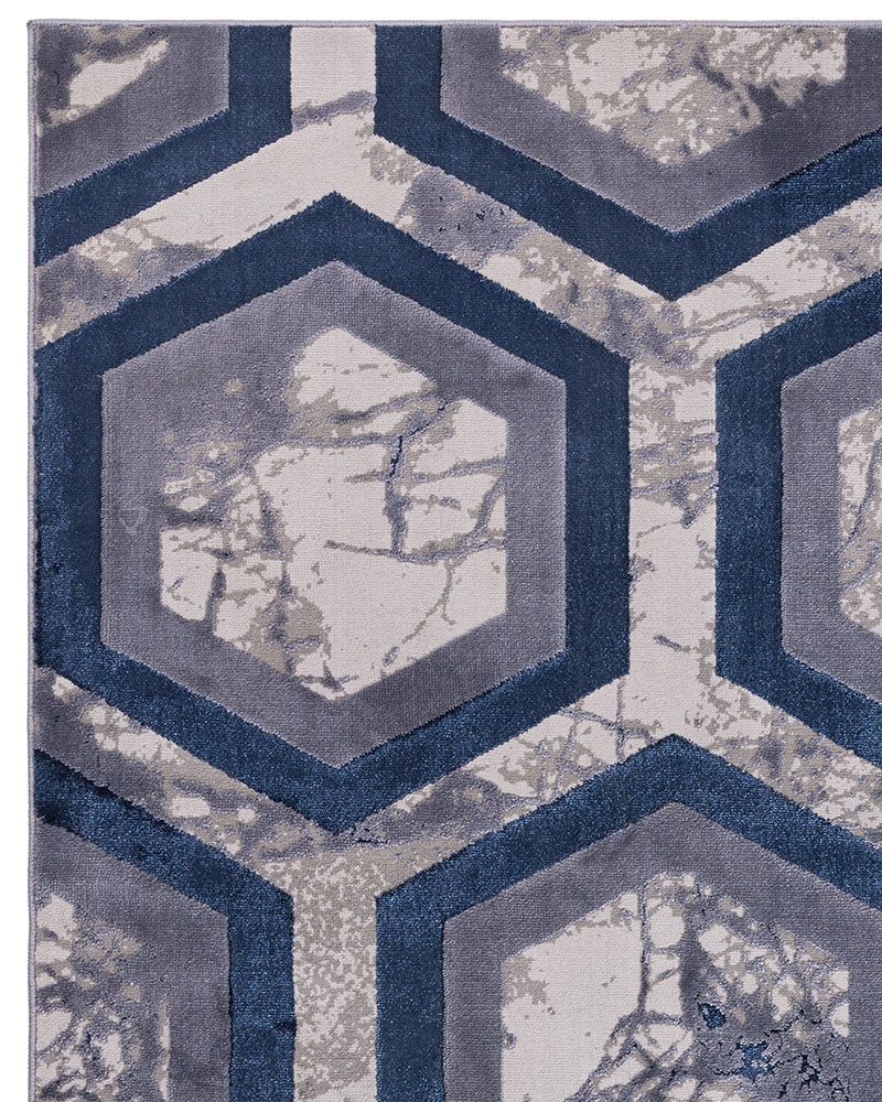 AURORA AU19 HEXAGON NAVY BLUE SILVER GEOMETRIC METALLIC RUG