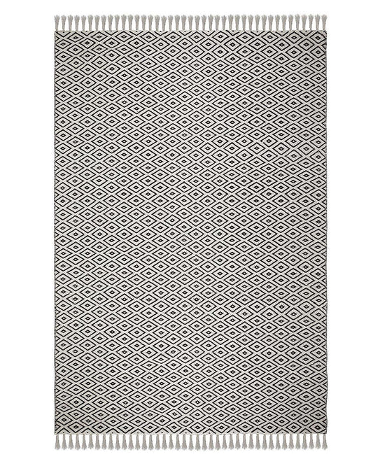 MALMO RECYCLED BLACK WHITE FLATWEAVE FRINGED RUG