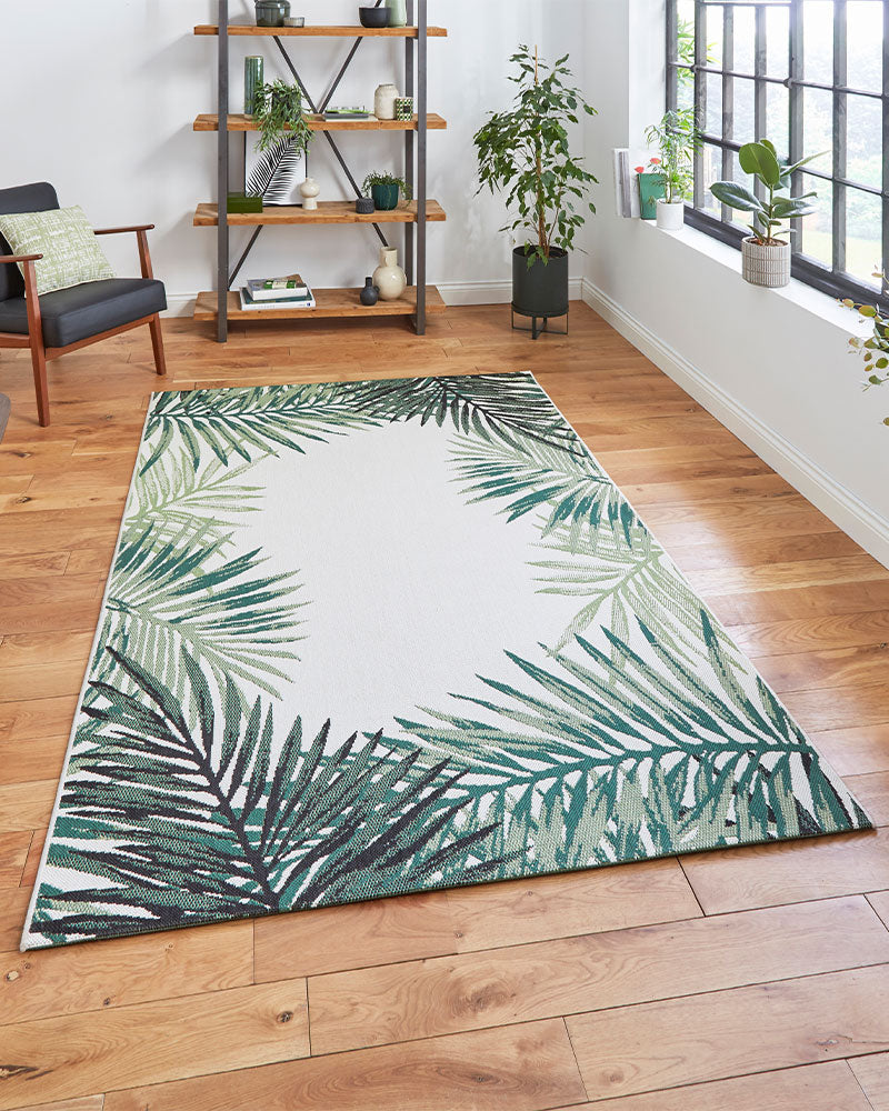 MIAMI 19435 BEIGE GREEN PALM INDOOR OUTDOOR FLAT WEAVE RUG